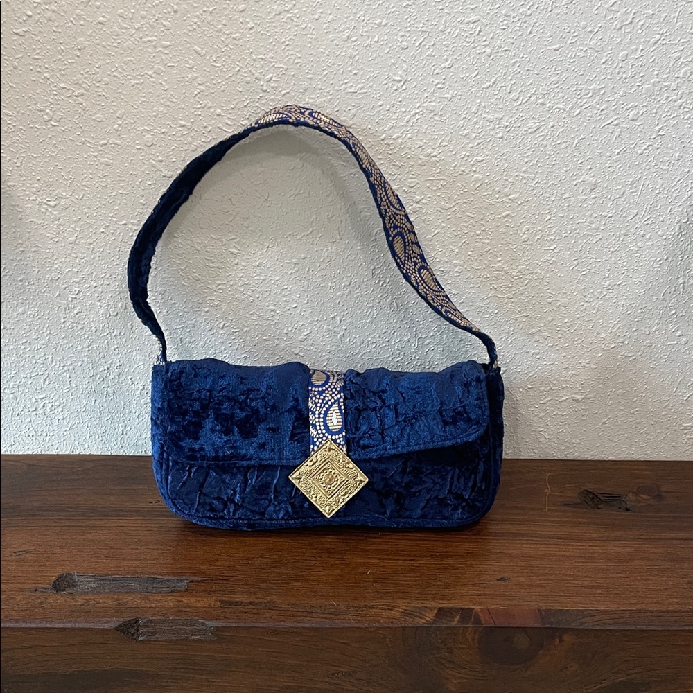 Cost Plus World Market Navy Blue Velvet Shoulder Bag with Gold Accent